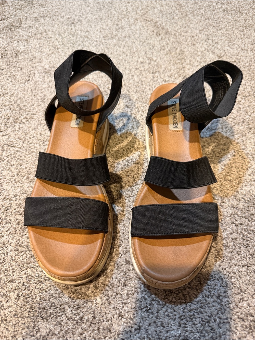 Steve Madden Black Elastic-Strap Platform Sandals with Tan Footbed